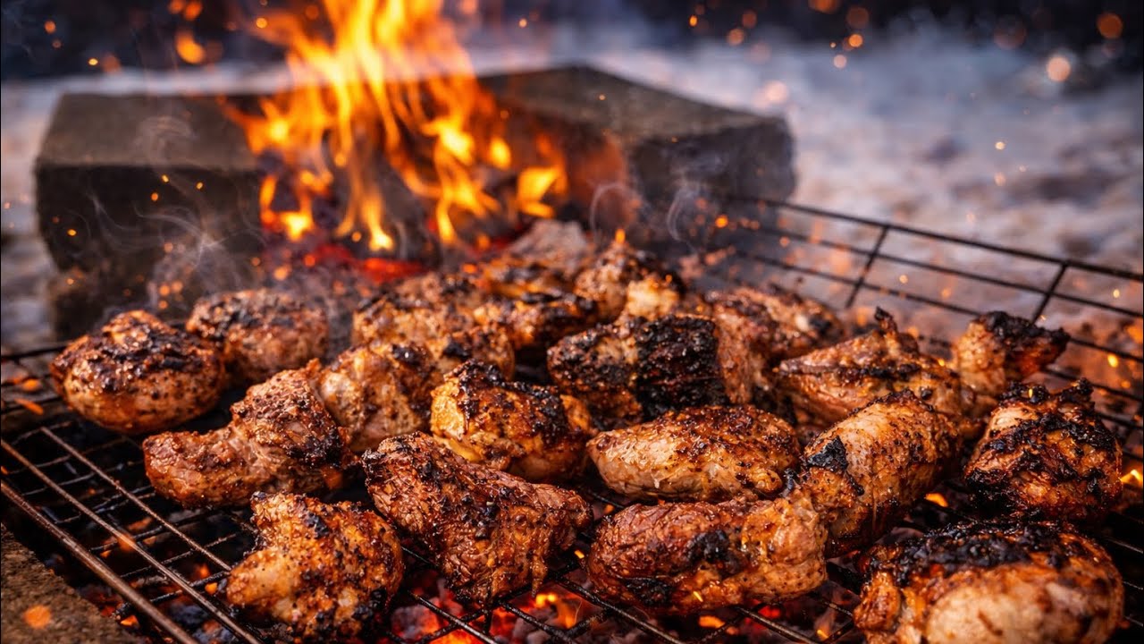 Primitive preparation of shashlik on blocks in nature in the village ASMR
