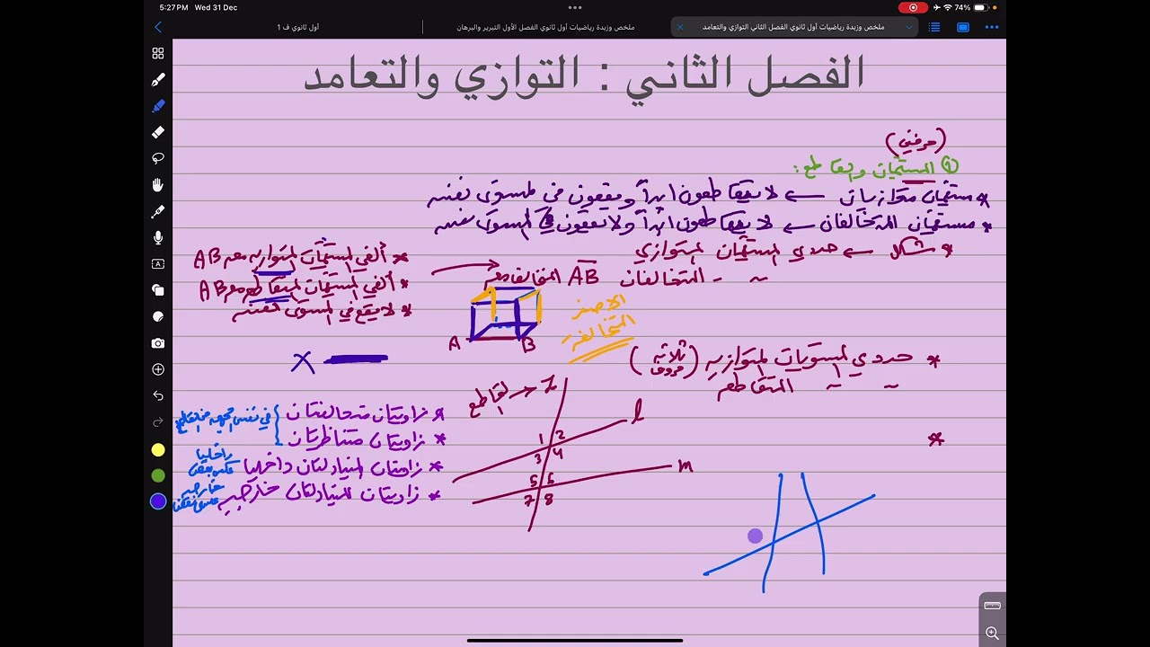 ملخص وزبدة رياضيات أول ثانوي الفصل الثاني التوازي والتعامد - تحصيلي -
