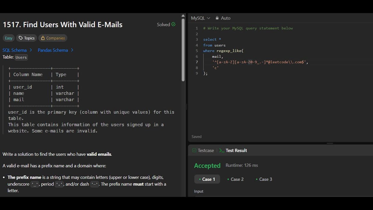 LeetCode 1517 | Find Users With Valid E-Mails | Solved in MySQL