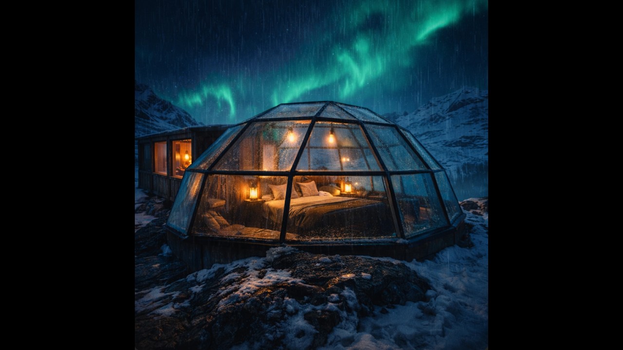 10 Hours Aurora Rain in a Cozy Glass Igloo (No Thunder, No Music) | Sleep & Study