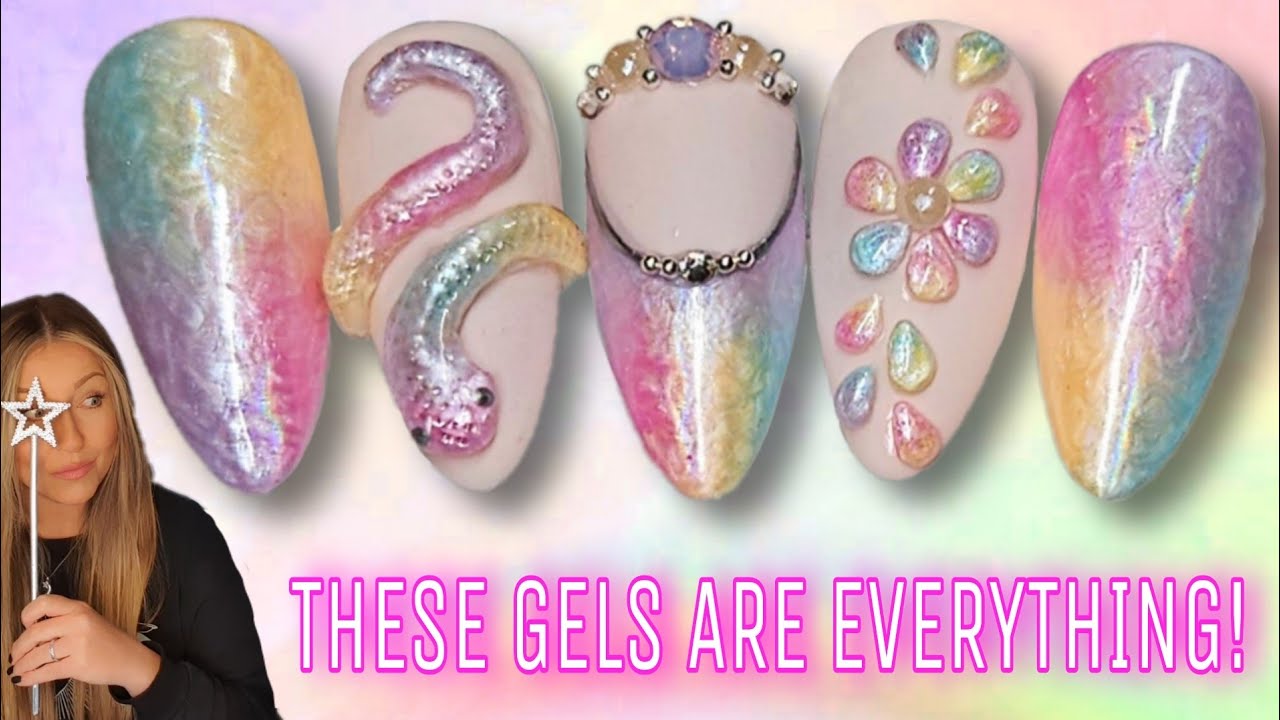 🌈 Pastel Rainbow Ombre 3D Nail Art | Summer Nails Designs | Snake Flower Pearl Gel | Holo Foil Bling