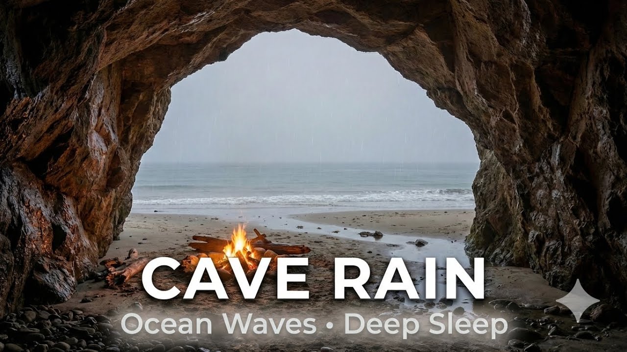 4 Hours of Rain in a Beach Cave 🌧️ Gentle Ocean Waves for Deep Sleep
