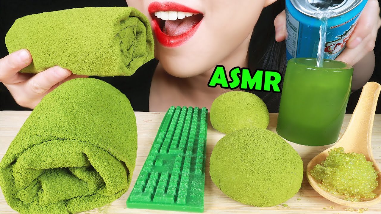 ASMR EDIBLE TOWEL CREPE CAKE, SHOT GLASS, SPOON, KEYBOARD, MOCHI, JELLY, CHOCOLATE  MATCHA PARTY 먹방