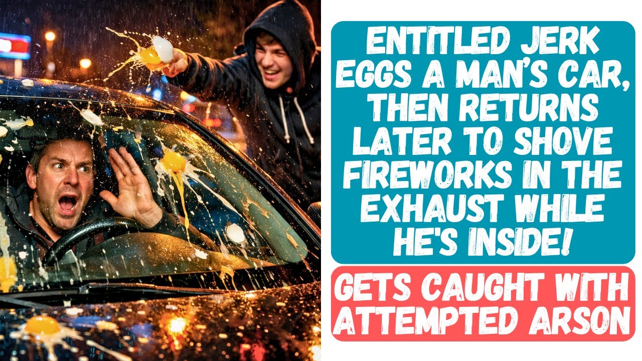 ENTITLED JERK EGGS MY CAR THEN RETURNS LATER TO SHOVE FIREWORKS IN THE EXHAUST WHILE I'M INSIDE!!