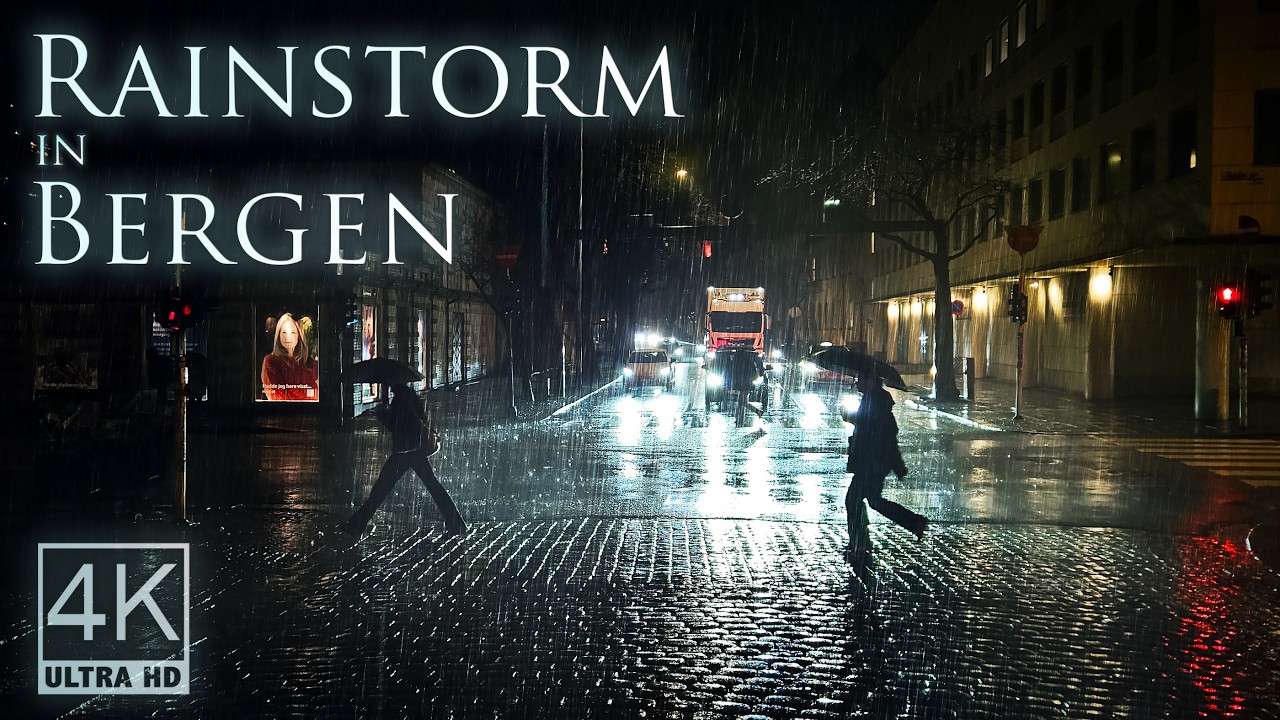 Rain Storm in Bergen | 4k Atmospheric Night Walk | Binaural City Sounds for Relaxation