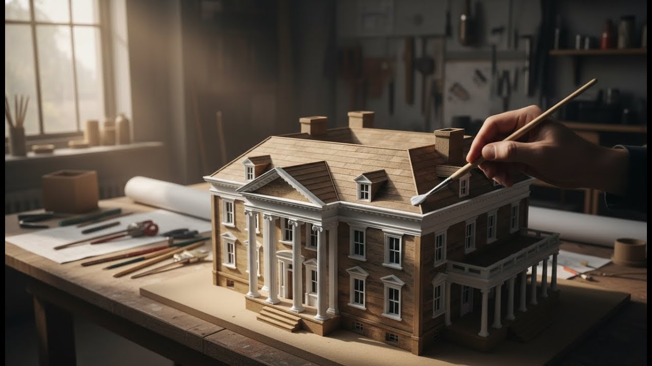 The restorer applies a smooth wood filler into the cracks and gaps using a miniature metal spatula
