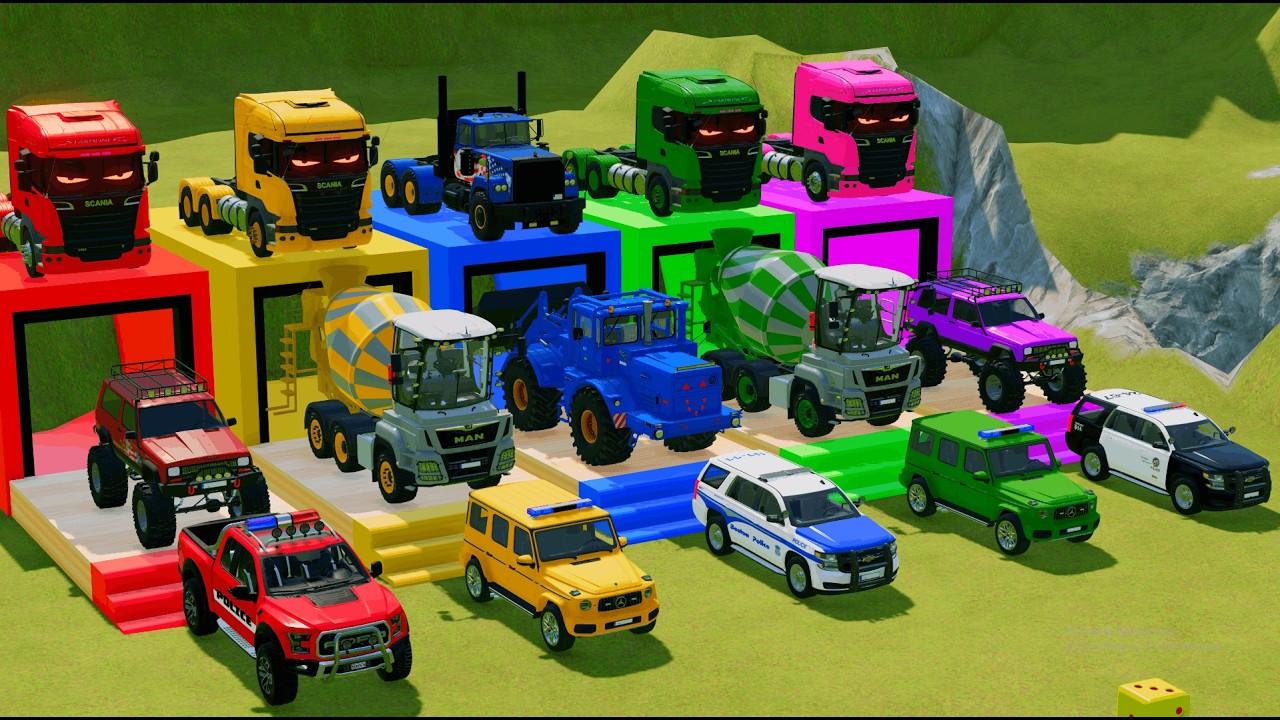 TRANSPORTING ALL POLICE CARS, OFF ROAD VEHICLES, AND TRACTOR WITH SCANIA AND KENWORTH TRUCKS ! FS22