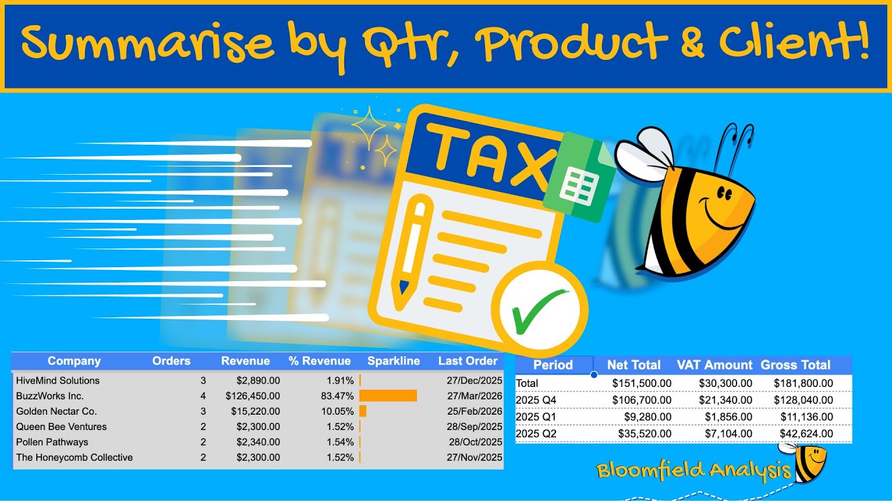 Automatically calculate tax and sales summaries (by quarter, customer and product) Google Sheets