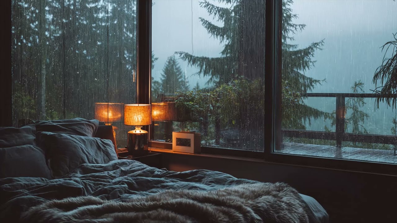 Heavy Rain Outside Bedroom 🌧️ Mountain View Night Ambience for Deep Relaxation