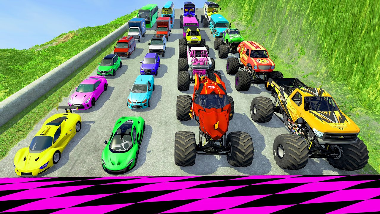 Monster Trucks vs Massive Speed Bumps & Big Cars vs DOWN OF DEATH in Thorny Road | HT Gameplay Crash