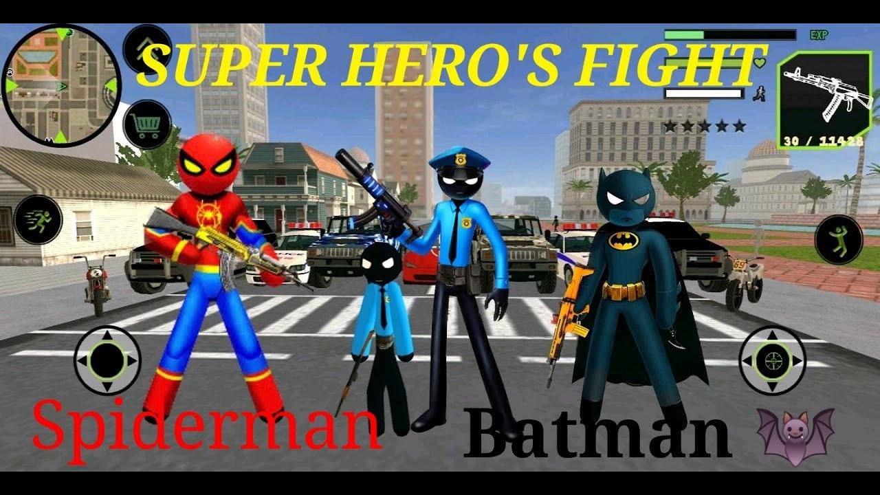 Spiderman And Batman Stickman Rope Hero | Fight With American Police | Superh&eacute;roe Ara&ntilde;a Hombre Palo