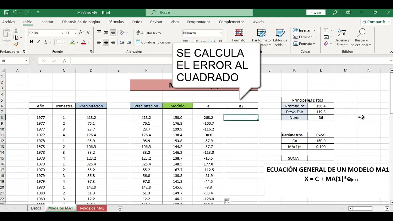 Modelos de Medias Móviles (MA1) ARMA(0,1) Excel - Fácil