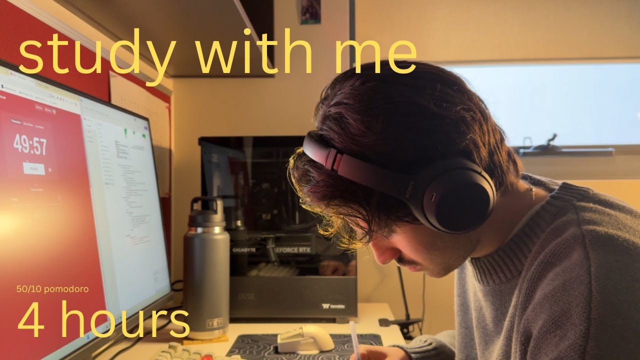 study with me 4 hour ⎢ pomodoro ⎢ rain sounds, 10 min break, no music