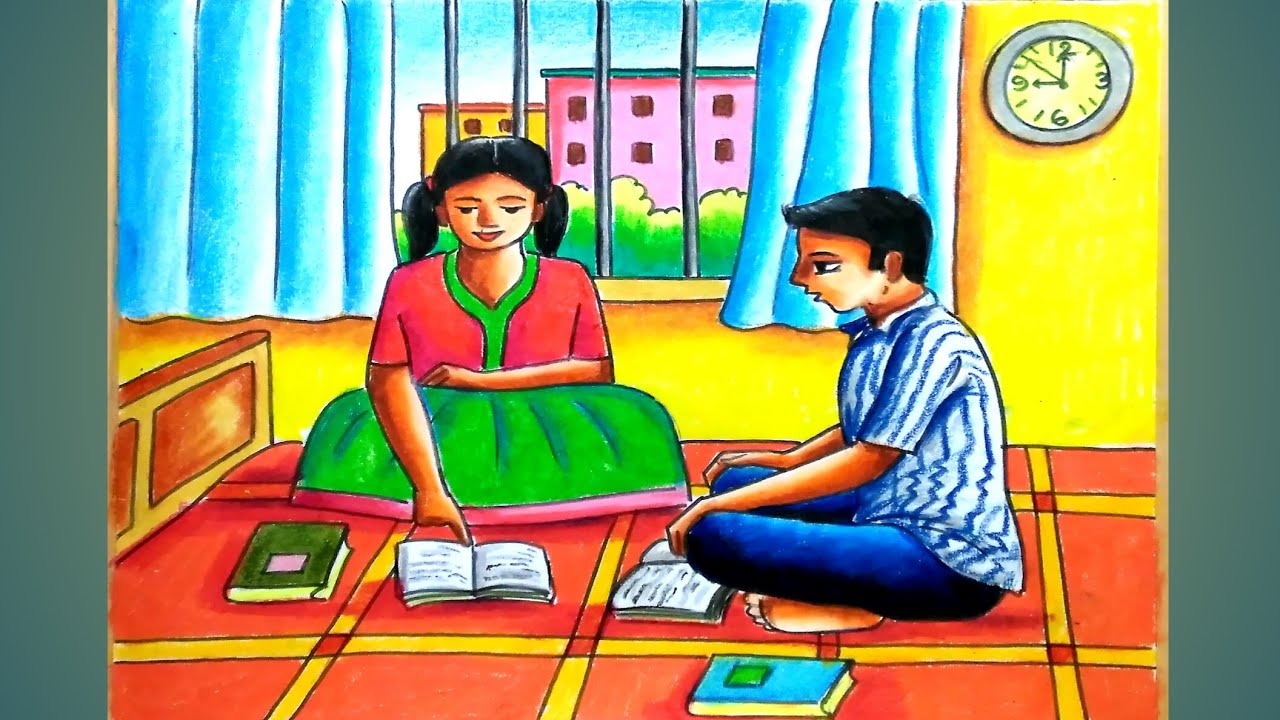 How to draw a boy and a girl reading book step by step easy with oil pastels