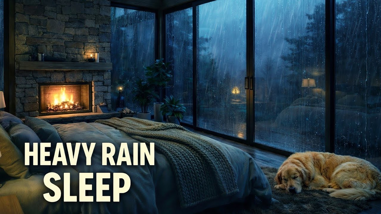 Cozy Fireplace Bedroom in Heavy Rain 🌧️ Deep Sleep Rain Sounds 