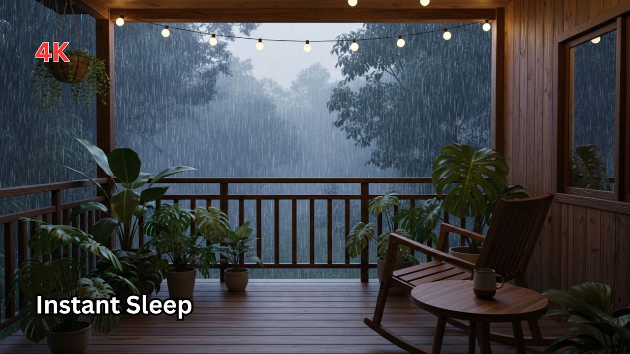 Rain on Wooden Balcony at Night | 2 Hours of Relaxing Rain Sounds for Sleeping & Study