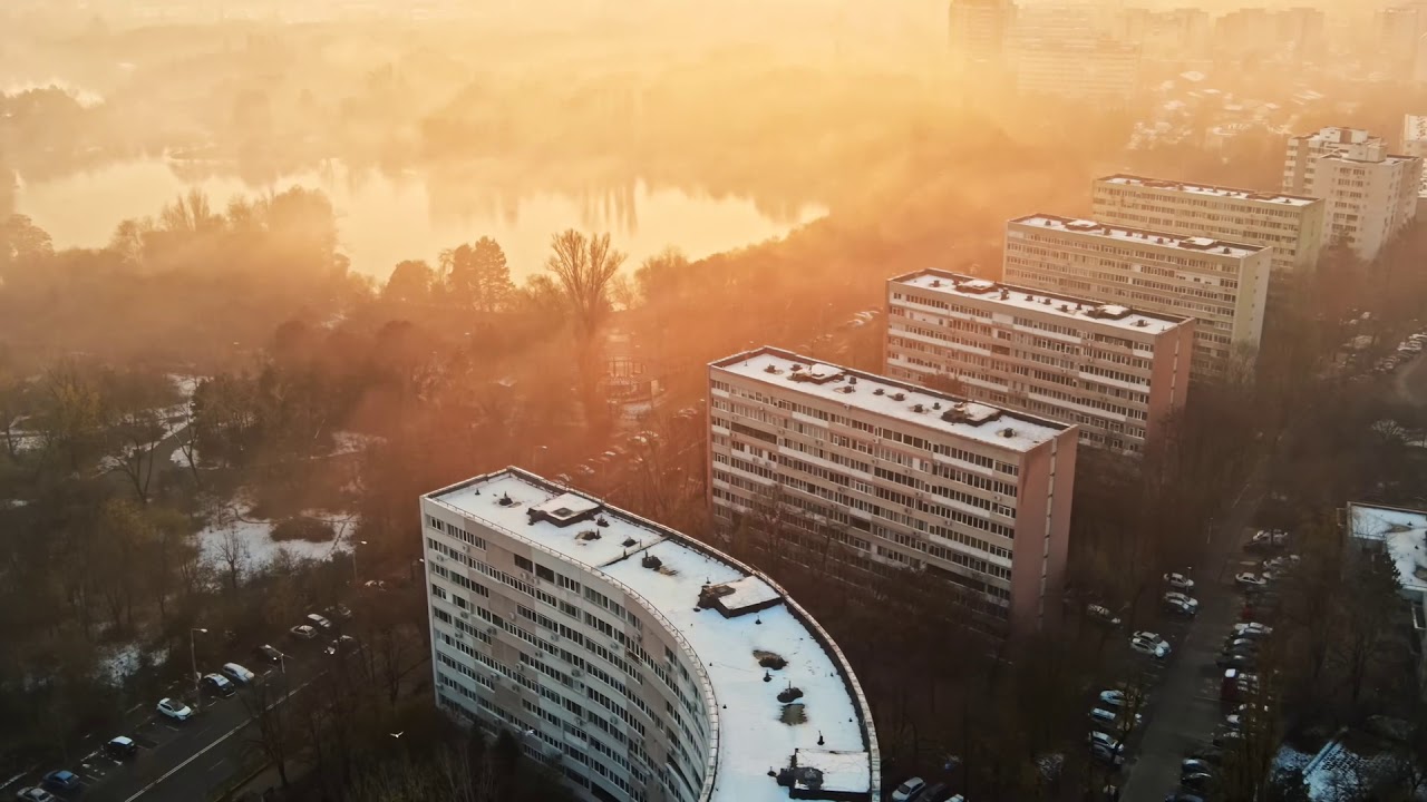 Sunset and fog above Bucharest