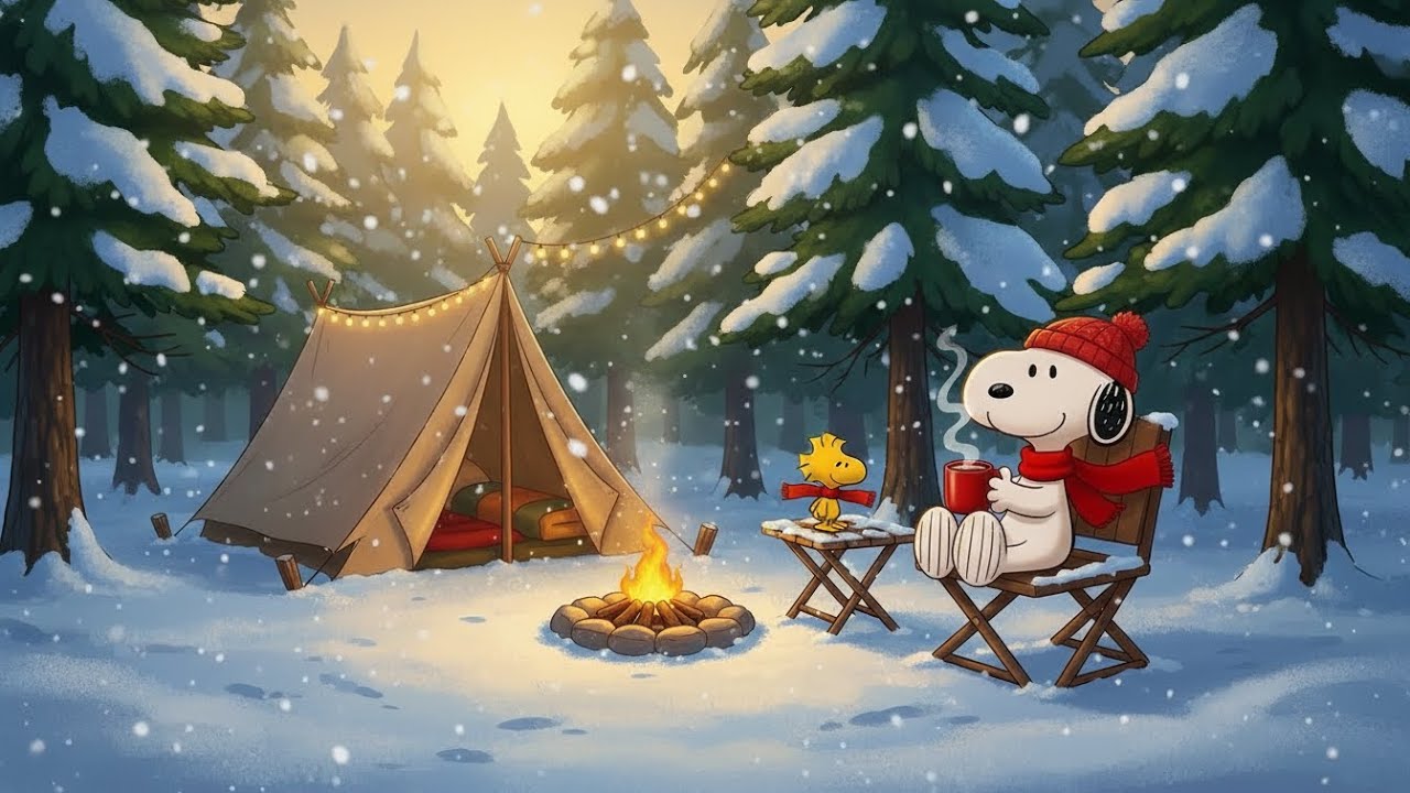 🎄 Snoopy’s Cozy Winter Camping 🏕️ Calm Lofi Chill Music ❄️ Warm Campfire Ambience