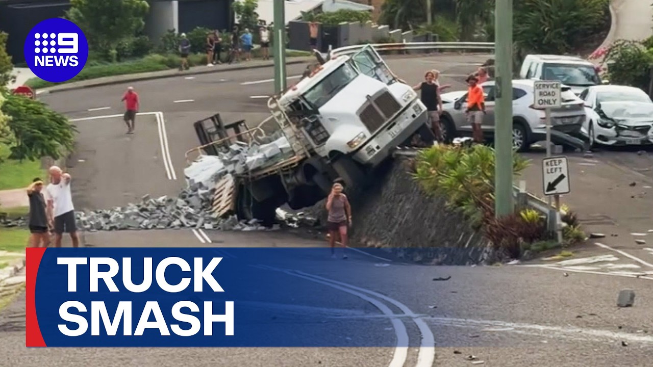 Out-of-control truck smashes into parked cars | 9 News Australia