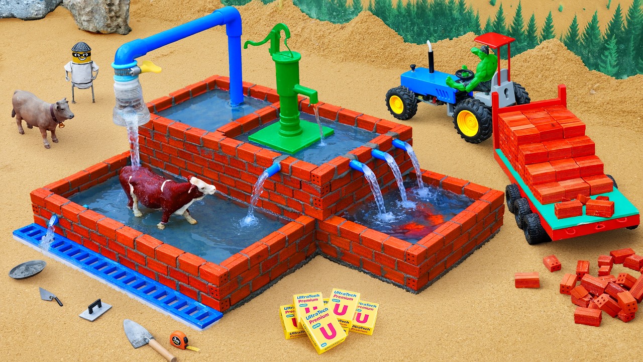 DIY Mini Tractor Builds Hand Pump Cow Shower Using Bricks | Village Water Supply Project