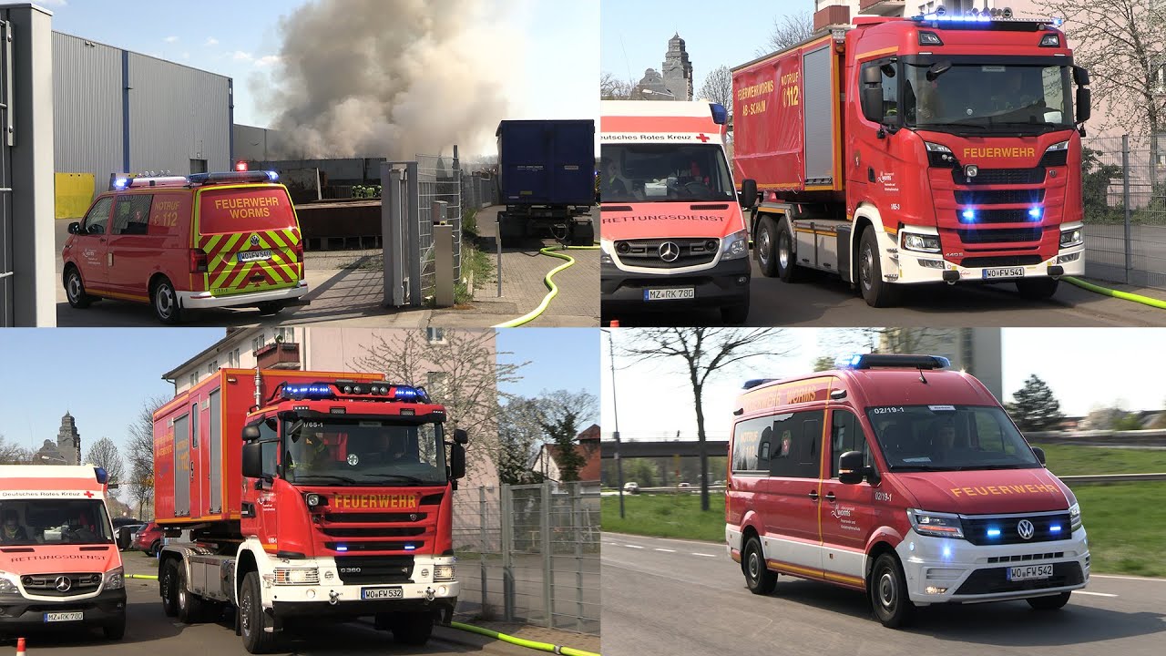 GROßBRAND EINER RECYCLINGANLAGE IN WORMS - GROßE RAUCHWOLKE - FEUERWEHR IM GROßEINSATZ ~ 05.04.2023