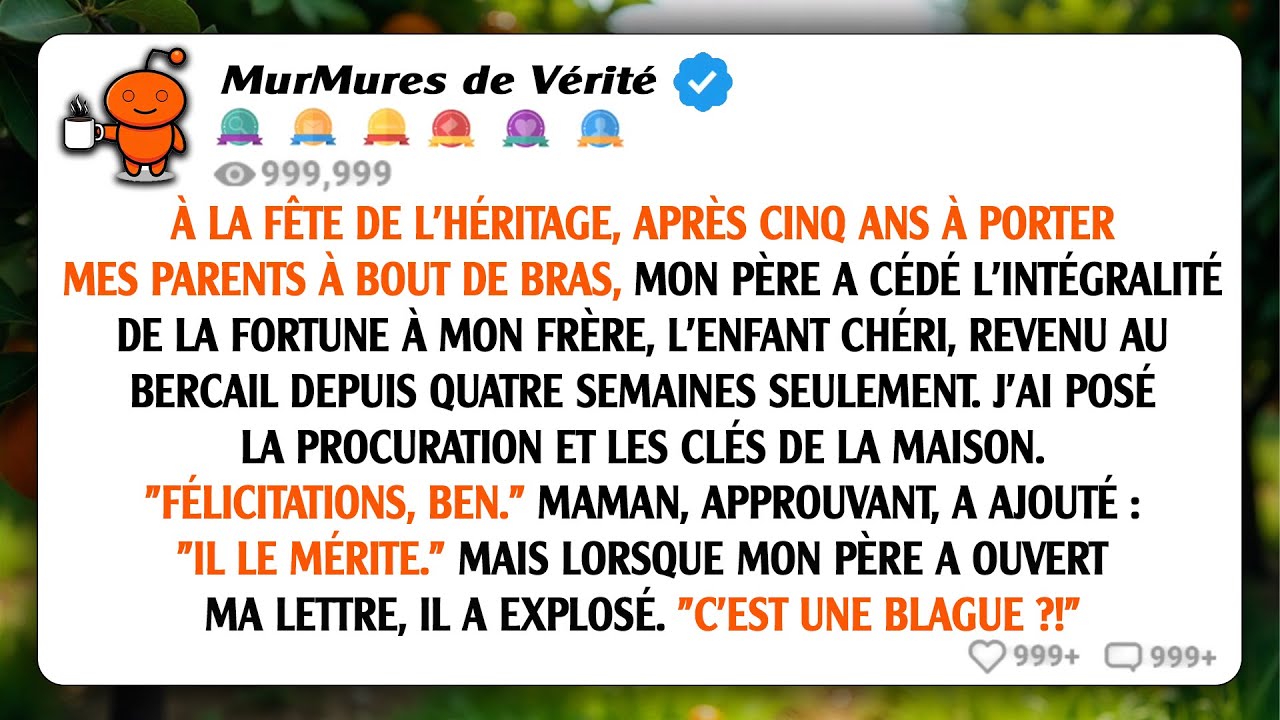 Lors de la fête d'héritage, après cinq ans, papa a tout donné à mon frère. J'ai déposé les clés. Et