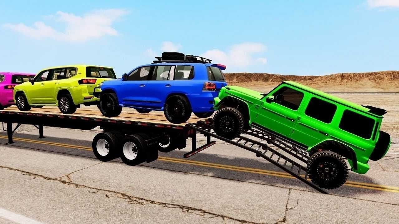 TRANSPORTING PIXAR CARS & FRUITS WITH COLORED & JOHN DEERE vs CLAAS vs TRACTORS - BeamNG.drive 
