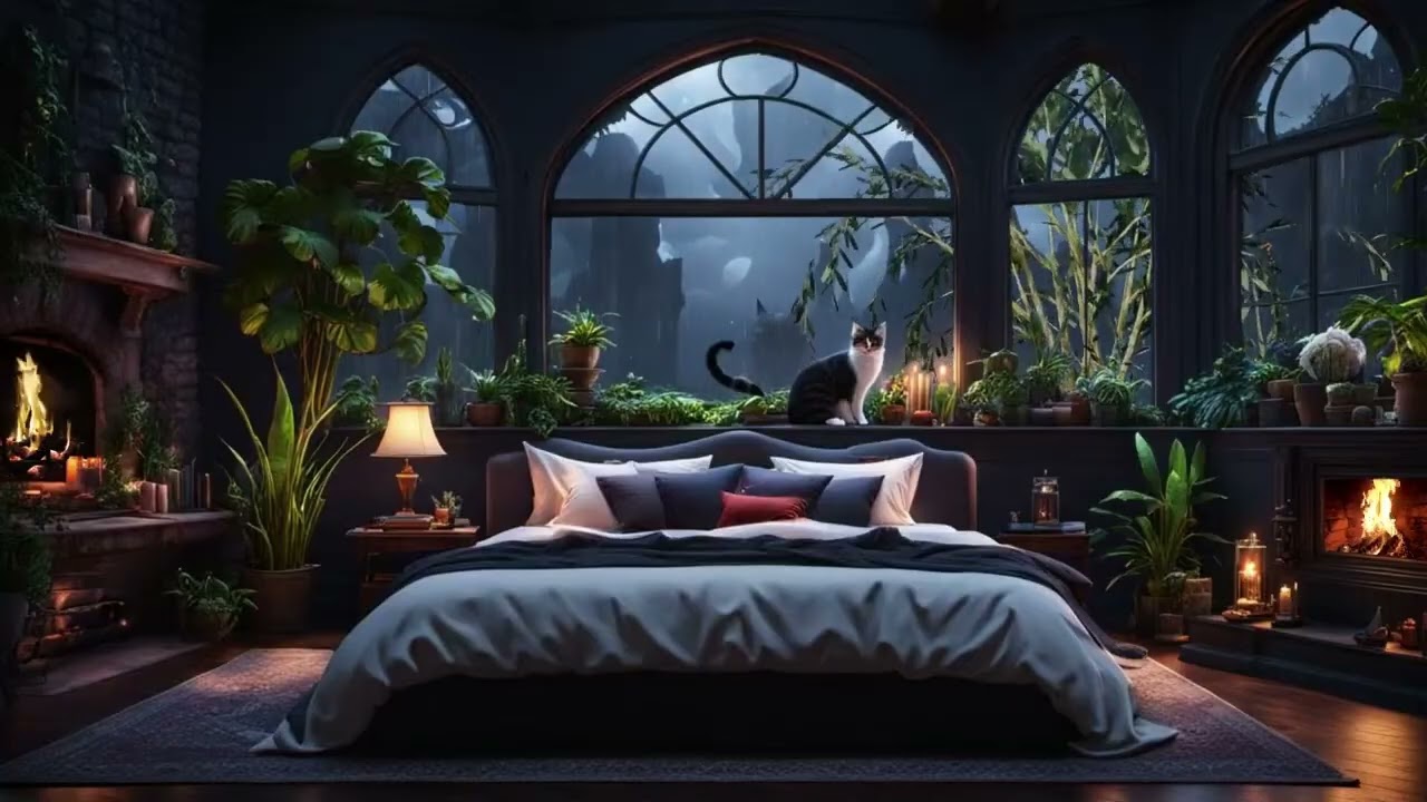 Rain sounds for sleeping, rolling thunder night ambience with gentle fire #Nature #NatureSounds