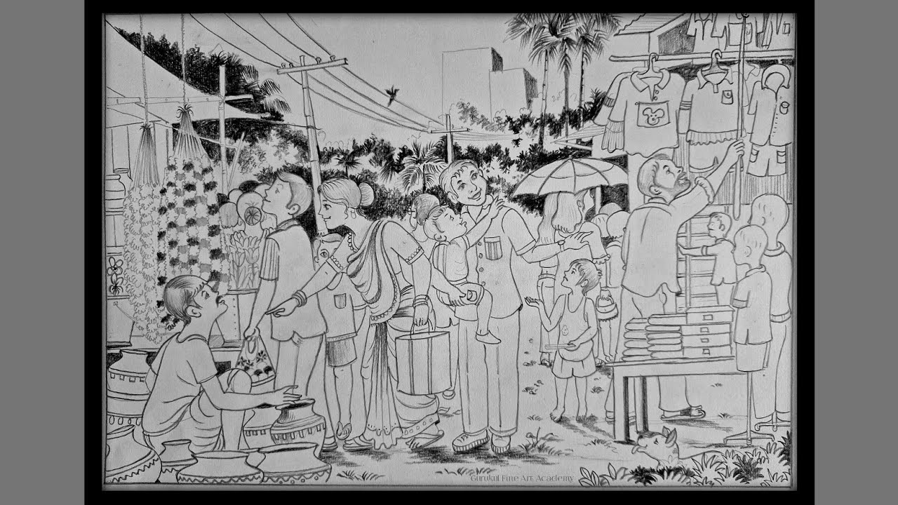How To Draw Village Market / Part - 2 / Outline Drawing
