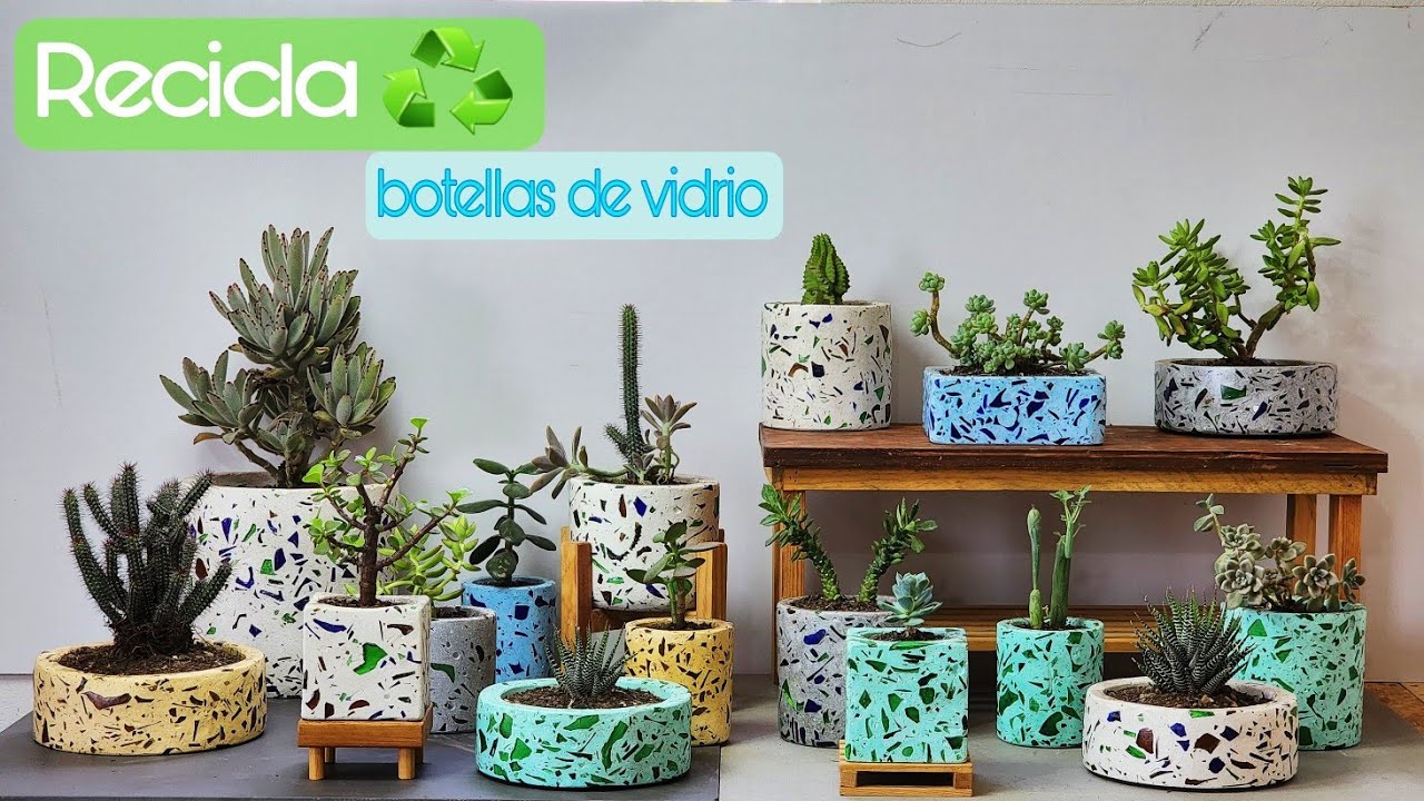 Como hacer MACETAS DE CEMENTO con VIDRIO ROTO ♻️
