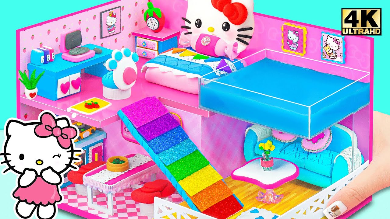 Постройте очаровательный розовый мини-домик Hello Kitty со спальней, радужным бассейном и гостино...