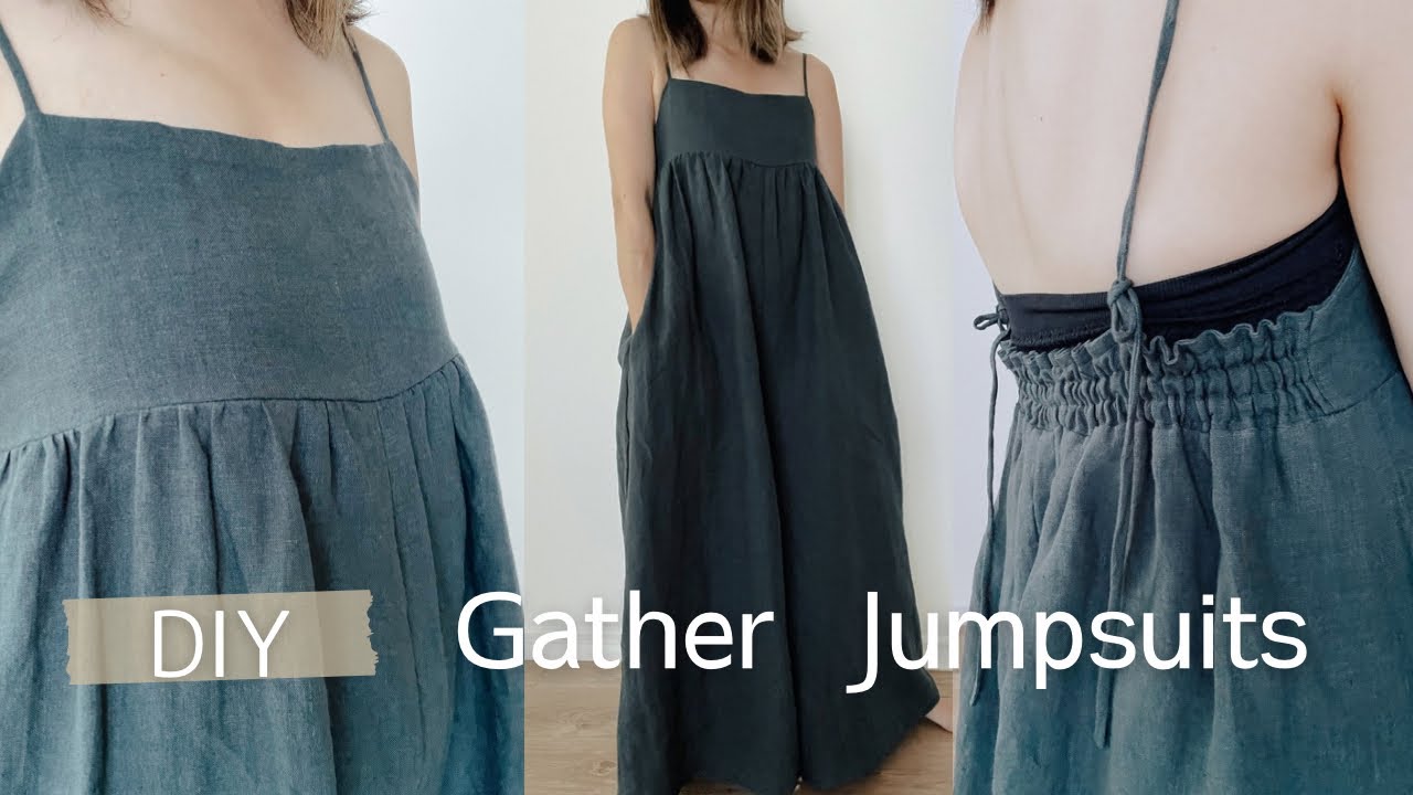 DIY-gathered jumpsuit without pattern |ワンピみたいなサロペット作った！可愛い過ぎる。