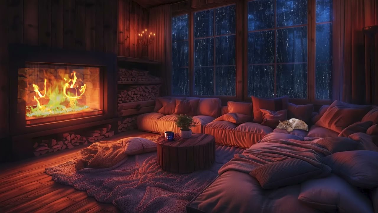 Cozy Rain on Window - Thunderstorm & Warm Fireplace | Deep Sleep, Study and Relaxation Sounds