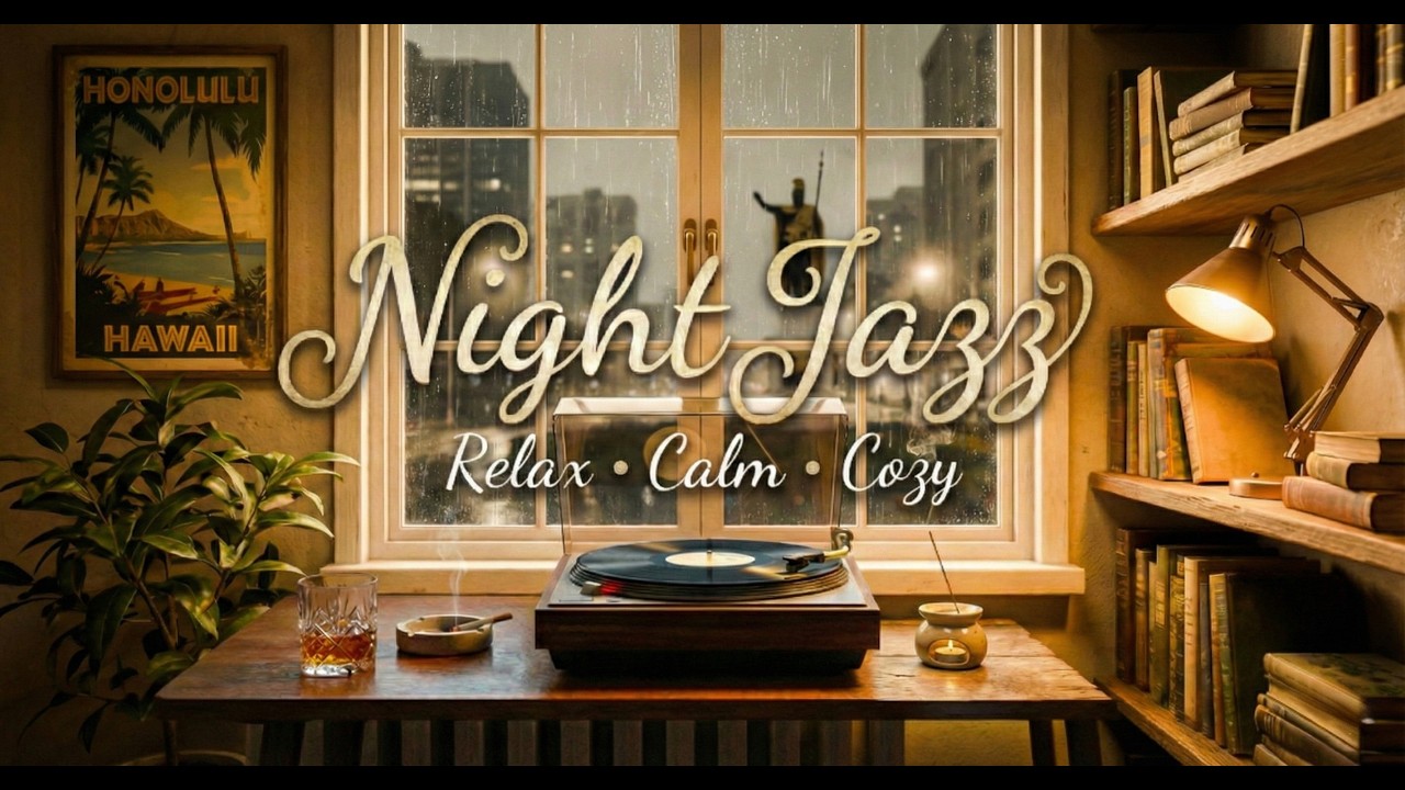 Rainy Night in Honolulu - Warm Smooth Jazz/ Retro Jazz & Rain Sounds | Relaxing Ambience for Reading