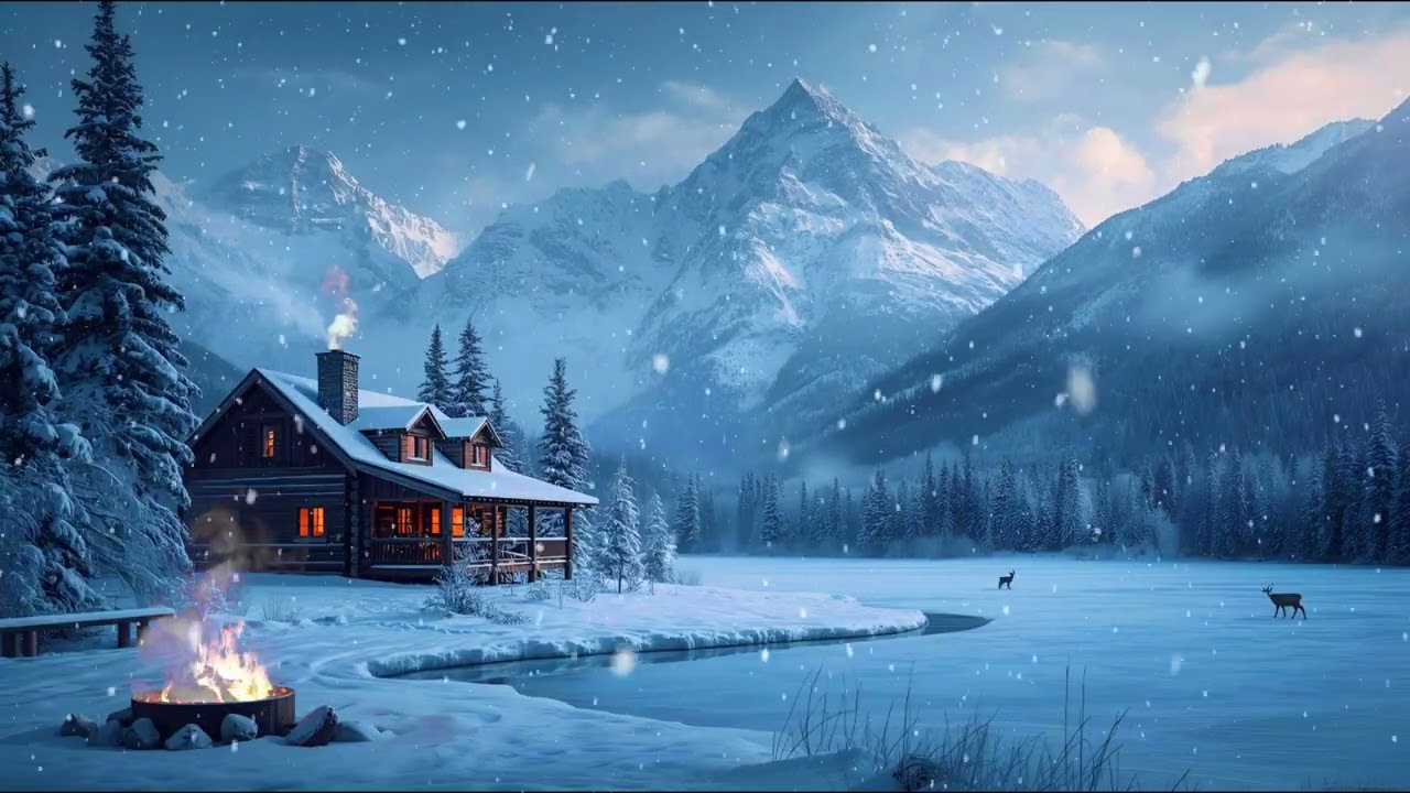 Winter Wonderland ❄️ Grand Mountain Cabin Ambiance, Crackling Fire & Frozen Lake (No Music)