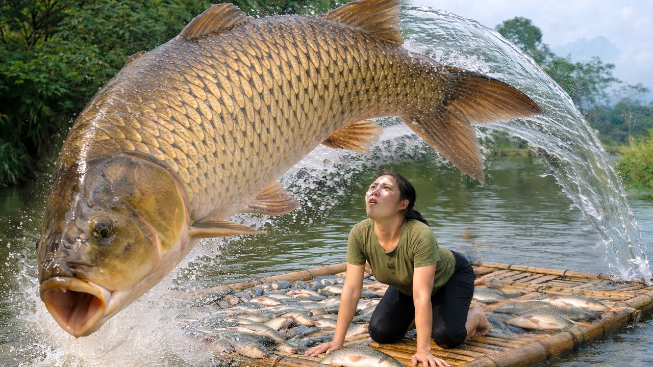 Harvest Giant Fish with Bamboo basket - Trap fish by Hand to Sell at Market with Single mom