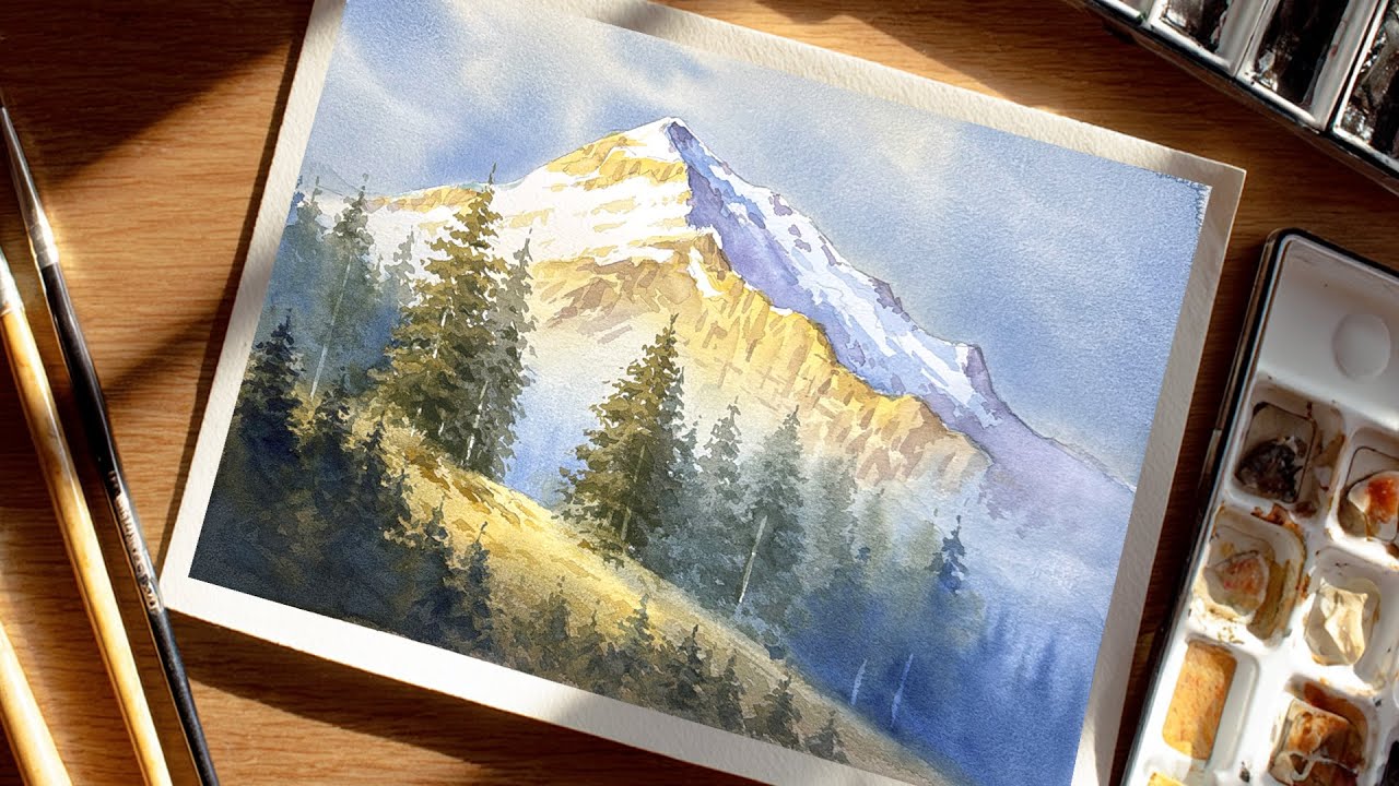 Watercolor Painting – Alpine Mountain and Pine Forest