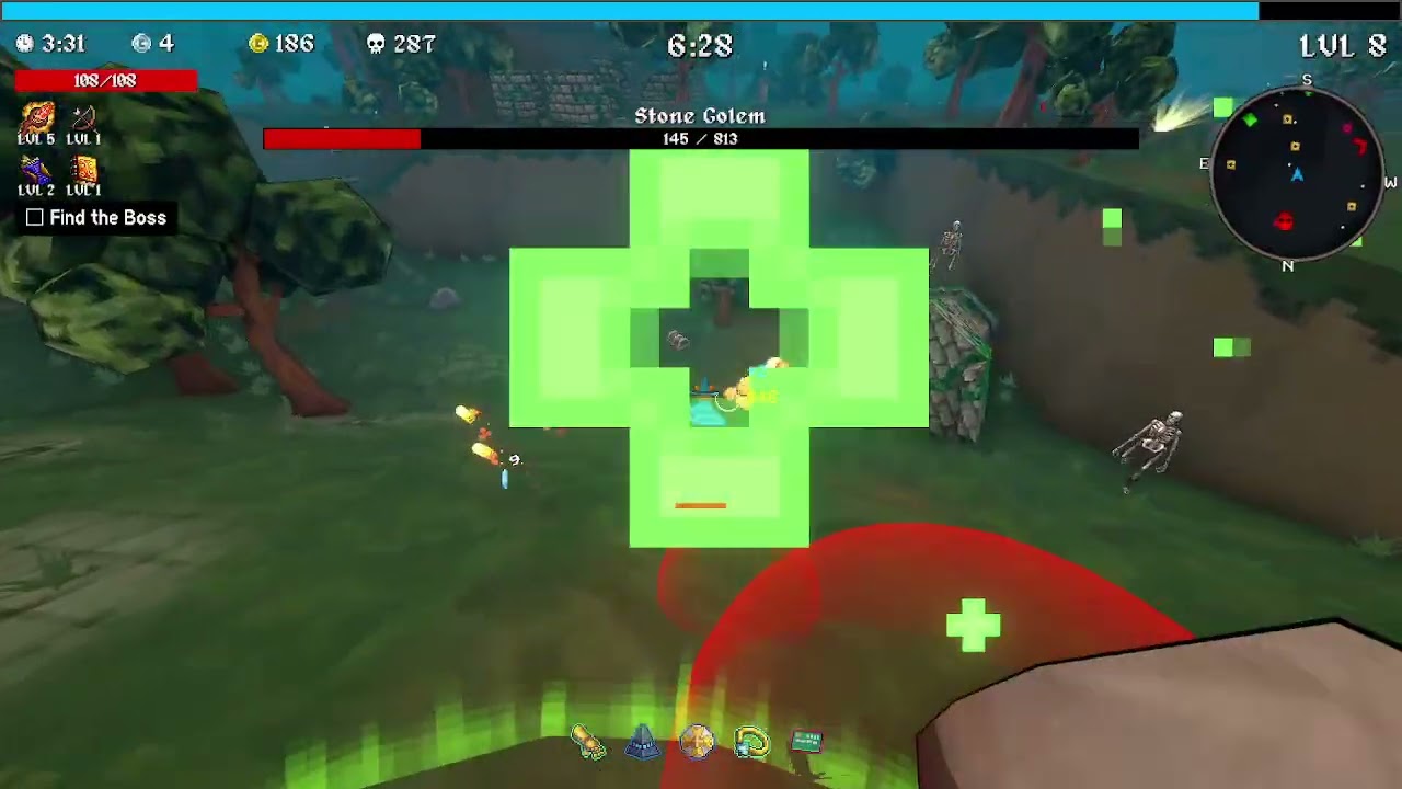 Megabonk S01E01, Fox, Forest, Aura, Battery, XP Tome, Forbidden Juice, Luck Tome, Boombox, Quantity