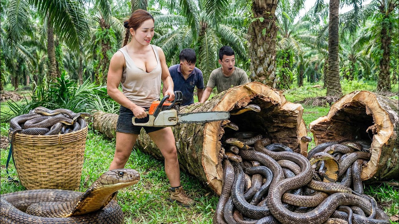 Shocking! Many Giant Snakes Inside Tree Trunk, Woman Fights Back with Chainsaw - What Happens Next ?