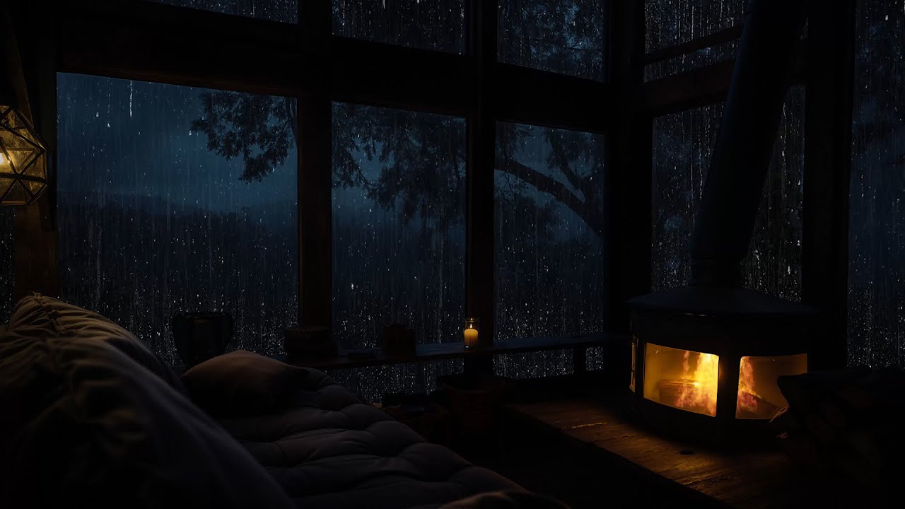 Warm Fireplace in Wooden Cabin While Rain Falls Outside | Cozy Night Rain Sound for Calm