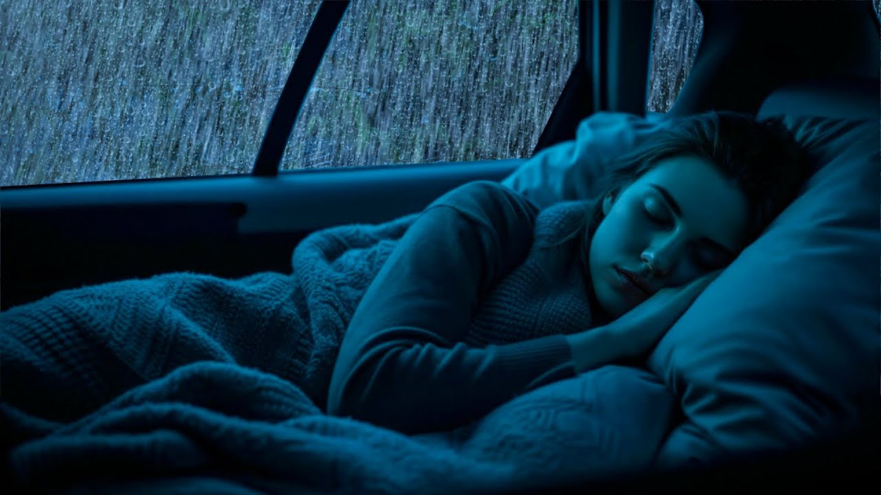 Heavy Rain and Thunder on Cozy Camping car Window Rainforest at night | Dark Screen for Deep Sleep