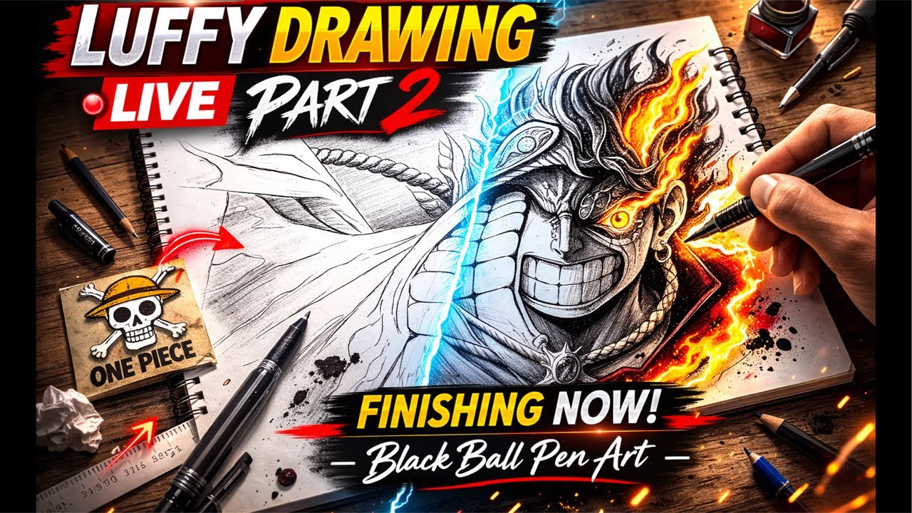 Luffy Drawing LIVE Part 2 ✍️ | Black Ball Pen Anime Art #luffy #live #art #onepiece