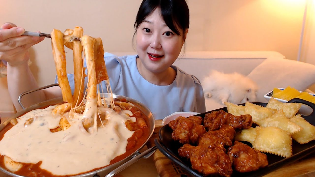 크림소스 가득 부은 엽떡 바삭치즈만두 달달한 엽봉 치킨 먹방 Cream Ttokbokki Sweet soy Chicken Cheese Dumplings Mukbang