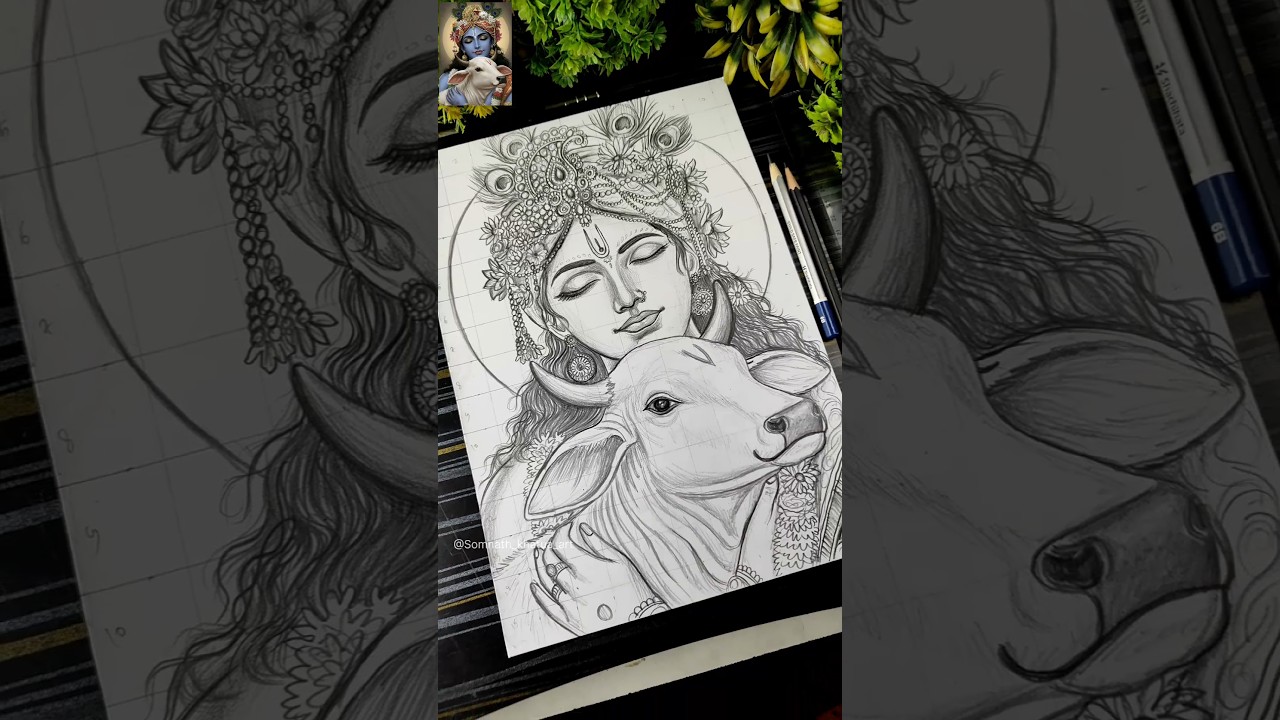 Krishna Drawing ❤️🥰, Janmashtami Special Krishna Drawing With Cow ✍️❤️ #shorts #krishna #drawing
