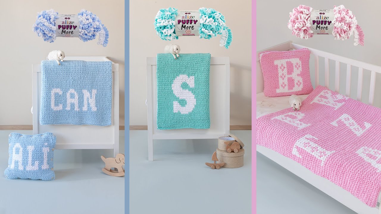 Alize Puffy More ile Harfli Battaniye | Initial Blanket | Одеяло с буквойvia