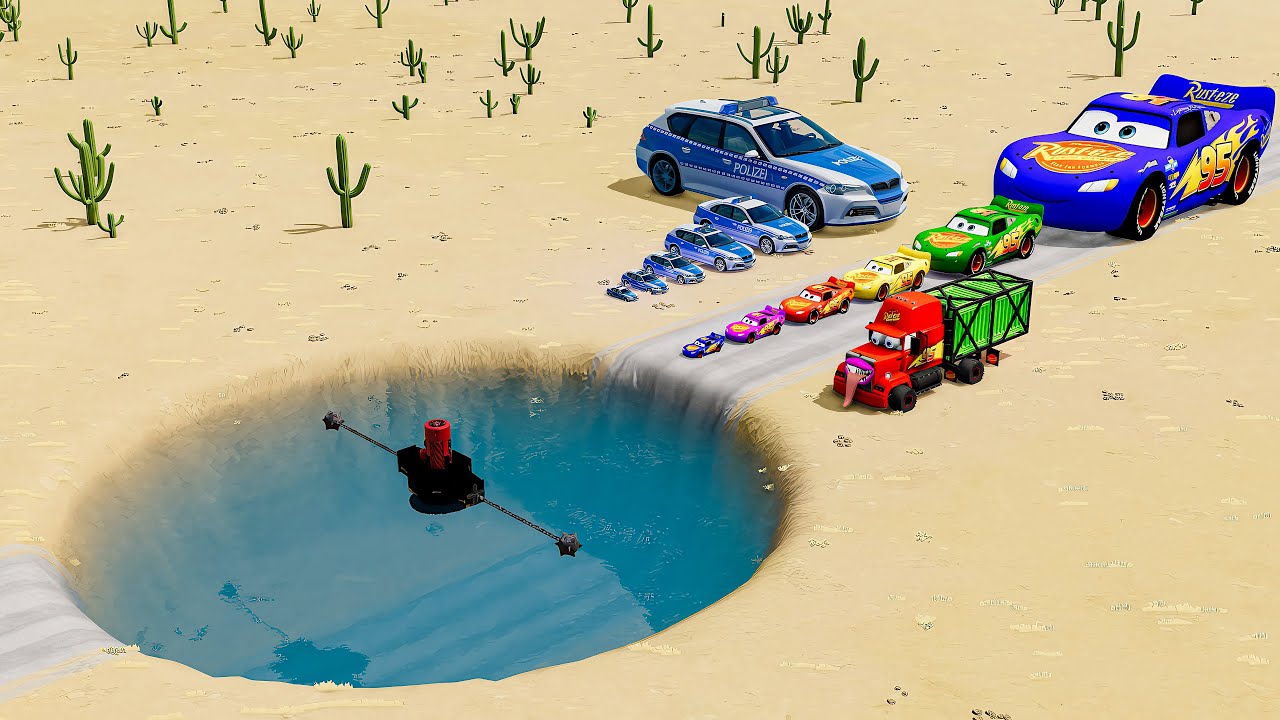 Big & Small McQueen & Police Car vs Zombie Mack, Giant Water Pit & Spinner  Downhill Race