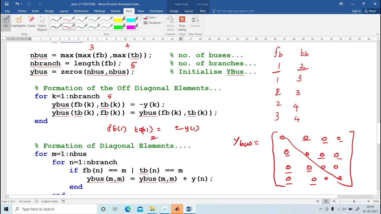 YBUS FORMATION  MATLAB  STEP BY STEP EXPLANATION
