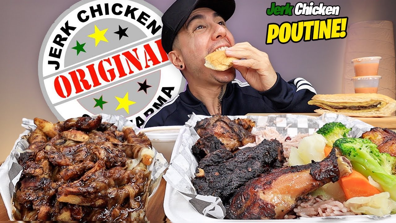 MUKBANG EATING Jerk Chicken Poutine, Cocobread with Jamaican Patty, Jerk Chicken From Chris Jerk