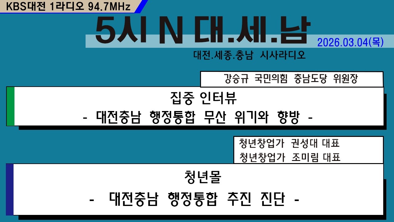 0304(수) 5시N 대. 세. 남17:05~58 KBS 1R 94.7MHz
