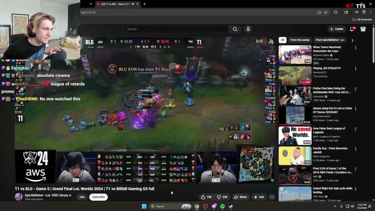 xQc отреагировал на невероятную игру Faker'а на Galio в 5-й игре Worlds 2024.